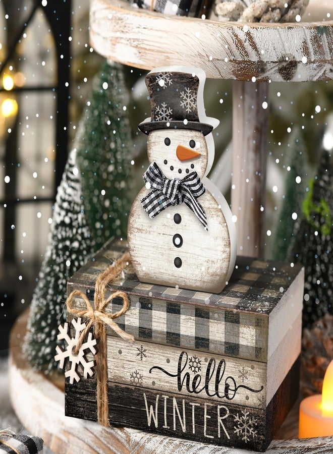 Anglechic 4 Pcs Snowman Christmas Decor Winter Table Decorations Christmas Tiered Tray Decor Winter Centerpiece Indoor Rustic Wooden Snowman Block Sign Gift Farmhouse for Home Kitchen Shelf - Image 3